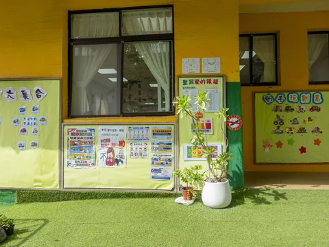 草坪旁的孩子作品展示牆與綠色植栽