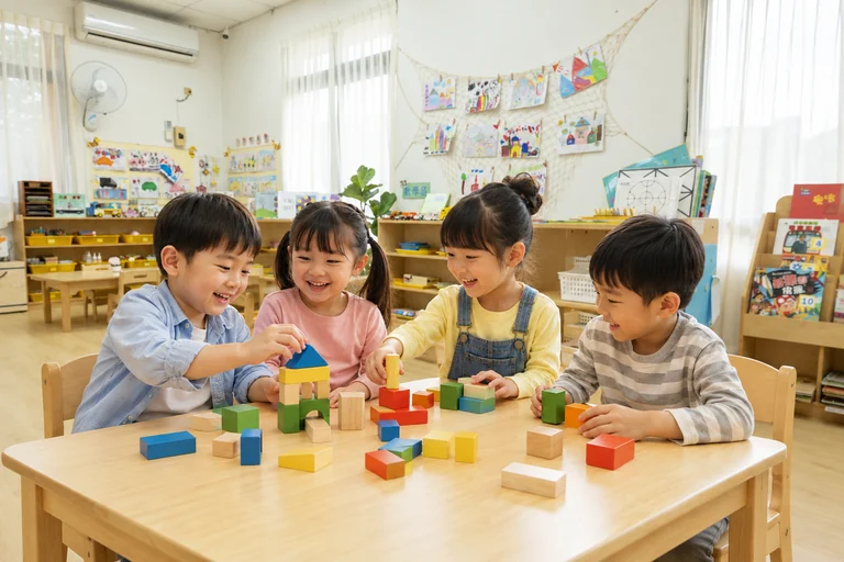 孩子們在聖育教室開心玩積木的合成示意圖